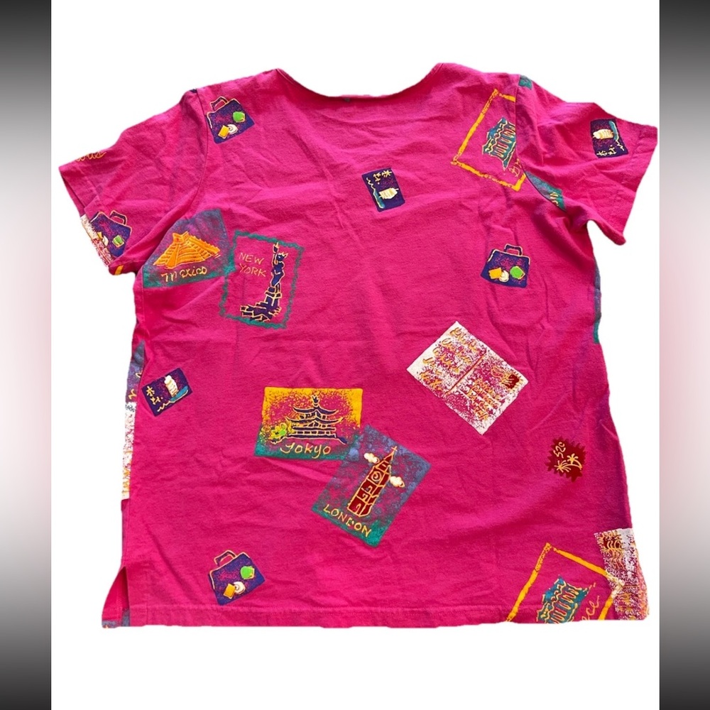 Coconut Bay hot pink 1980s cotton v neck pullover shirt travel‎ stamp Large/XL